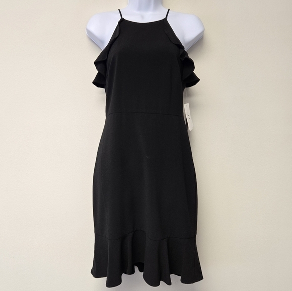Halston High Neck Spaghetti Strap Ruffle Dress Black 2 - Picture 1 of 9